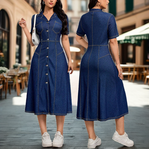 Vestido Maxi de Mezclilla Ecológico para Mujer, Cuello con Solapa, Manga Corta, Corte en A, Color Sólido, Cierre de Botones al Frente, Casual, Verano, Natural - Product Image 2
