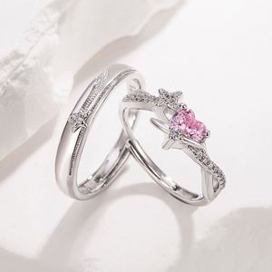 Anillos de Pareja Plateados en Platino, Anillo de Joyería para Pareja con Corazón de Circonita Rosa, Anillos Ajustables para Mujer y Hombre, Joyería de Boda - Product Image 2
