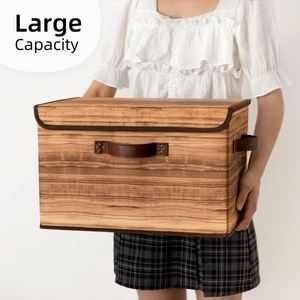 Wood-Grain Yellow Fabric <b>Collapsible</b> Wardrobe Organisation Pack of 2 Lidded <b>Storage</b> <b>Boxes</b> for Shelves - Product Image 3
