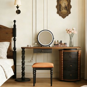 Solid Wood Dressing <b>Table</b> With <b>Mirror</b> And Stool French Retro Style Bedroom Makeup <b>Vanity</b> Storage Cabinet - Product Image 4