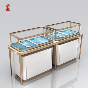 Table de présentation de bijoux en or incurvée haut de gamme, <span class=keywords><strong>vitrine</strong></span> de boutique moderne en verre rond de luxe pour magasin de bijoux - Product Image 1
