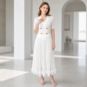 Vestido de Mujer de Buena Calidad, Estilo Blazer de Manga Corta, Doble Botonadura, con Volantes en el Bajo, Vestido Plisado Miyake para Verano - Product Image 2