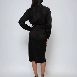 Vestido Camisero Negro Fruncido Personalizado - Vestido Formal de Oficina de Manga Larga con Tela y Ajuste Personalizables - Product Image 2