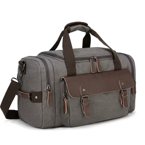 Sac de voyage rétro en toile avec accent en cuir, poche à rabat et plusieurs compartiments, sac de week-end - Product Image 1