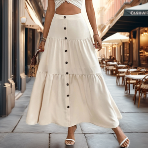 New Trend Women's Empire Waist Spring Vacation Solid Elegant Cake Ruched Casual <b>Elastic</b> Button Breathable Maxi <b>Skirts</b> Stylish - Product Image 2