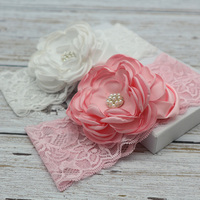 Serre-tête en dentelle extensible vintage avec fleur en satin et perles, accessoires pour cheveux, bandeaux en dentelle pour femmes et filles