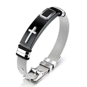 Hot selling new stainless steel mesh bracelet with gold cross silicone men's bracelet accessories