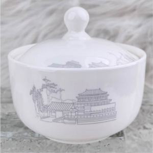 Service de table haut de gamme à motifs paysagers de style chinois, bols et assiettes, vaisselle en céramique blanche et or, service de table en porcelaine de luxe - Product Image 2