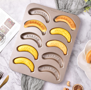 พิมพ์เค้กรูป<span class=keywords><strong>กล้วย</strong></span> 10 หลุม ทำจากอะลูมิเนียมสีทอง, พิมพ์อบขนมเหล็กกล้าคาร์บอน, พิมพ์รูปทรงกล้วยสุดสร้างสรรค์ - Product Image 2