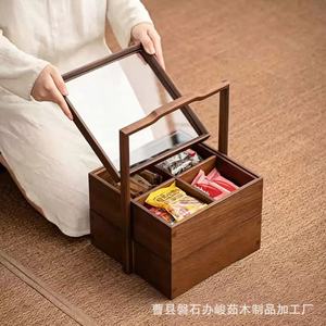Caja de regalo rectangular de madera de nogal, portátil, de varias capas, para guardar té, pastel de luna, aperitivos. - Product Image 4