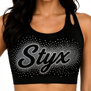 Women Cheerleading Sports Bra Set Cut Racerback <b>Crop</b> <b>Top</b> <b>Rhinestone</b> Heat-Transfer Printed OEM Polyester/Spandex 120g Dance - Product Image 4
