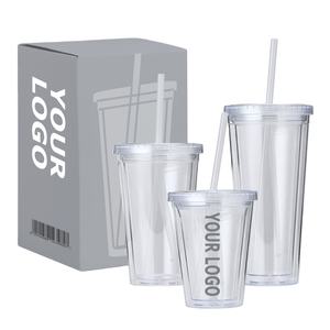 Gobelets en plastique transparent à double paroi, réutilisables, anti-fuite, sans BPA, avec couvercle et paille, personnalisables avec logo, 12oz 16oz 22oz, pour cadeau - Product Image 1