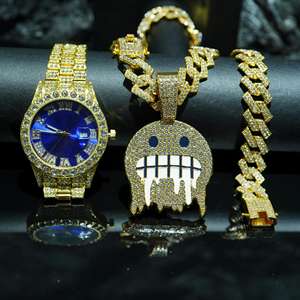 ヒップホップ時計ネックレスブレスレットセット高級3個セットメンズクォーツ腕時計ファッションチャームジュエリー - Product Image 6