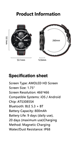 Montre connectée GPS Android S669 avec écran AMOLED, boussole, altimètre, suivi du sommeil, mesure de <span class=keywords><strong>la</strong></span> <span class=keywords><strong>pression</strong></span> <span class=keywords><strong>artérielle</strong></span>, modes d'entraînement multiples, IP68 - Product Image 6