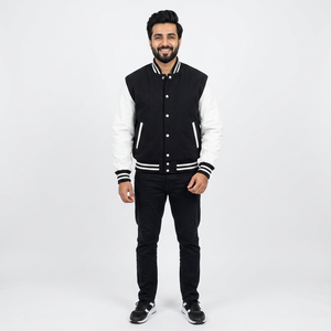 Chaqueta universitaria personalizada para hombre con parche en el pecho, bordes acanalados, cierre a presión y interior elegante, ideal para un estilo casual urbano. - Product Image 1