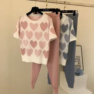 Korean summer Love printed knitted 2 Piece Set Women short sleeve beading Sweater tops+Capris pants Suit pink casual Tracksuit