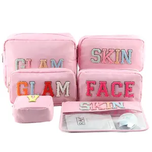 Stock Multi Colors Glitter Chenille Letters Skin Care Makeup Bags Toiletry Bags For Women Flat Zipper Pouch
