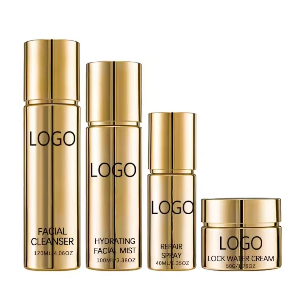 4Pcs Private Label Skincare Set Facial Cleanser Hydrating Mist Repair Spray Lock Water Cream Daily Skin Care Kit