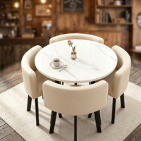Table à manger ronde en marbre blanc + chaises en cuir beige, mobilier de salle à manger moderne 4 places pour négociations commerciales