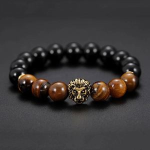 Bracelet en pierre d'œil de tigre naturelle pour hommes, perles d'hématite, bracelets de couple pour femmes, bracelets à breloque tête de lion, bijoux cadeau - Product Image 3