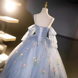 Gray Blue Ball Gown Sweetheart Neckline Floral Print Organza Empire Waist Evening Dress For Banquet Events - Product Image 4