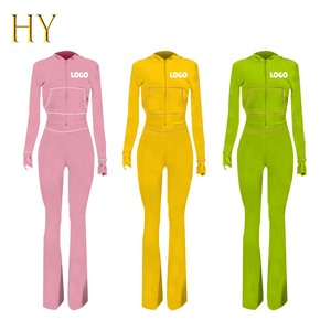 2025 nuovi abiti da donna in maglia Waffle tute con Logo personalizzato Set 2 pezzi da allenamento in cotone con cappuccio e pantaloni della tuta - Product Image 2