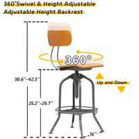 Tabouret de bar industriel à hauteur réglable, chaise de bar pivotante à 360 degrés avec dossier réglable pour café, restaurant, bar