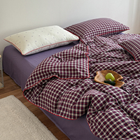 Parure de lit 100% coton lavé, motif écossais rouge bordeaux rétro, housse de couette avec passepoil, drap-housse doux et respirant + taies d'oreiller, 4 pièces