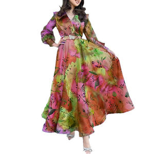 เดรสผู้หญิงแขนยาวพิมพ์ลาย คอวี ทรงเอวเข้ารูป กระโปรงบานใหญ่ ผ้าตาข่าย - Product Image 2