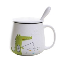 Mug à café en céramique mignon Mr Dinosaur Crocodile Cartoon avec cuillère et couvercle, tasse à boire en porcelaine, tasse à café, thé au lait