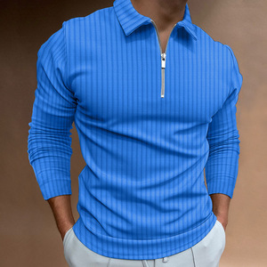 Manches longues de haute qualité pour polos pour le printemps et l'automne, tissu tricoté uni à rayures avec fermeture éclair, style décontracté et sportif - Product Image 6