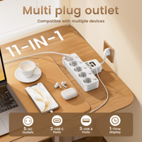 Multiprise portable avec 5 prises CA, 3 ports USB et 2 ports Type C, avec horloge, interrupteur indépendant et câble flexible pour le bureau