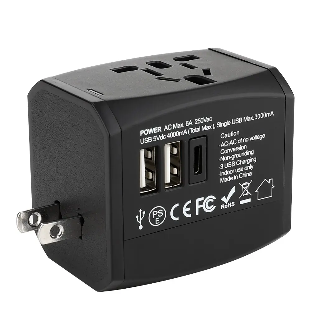 Worldwide Voltage Compatible Universal Travel Charger US UK EU AU with 2 USB 1 Type C Universal Travel Adapter