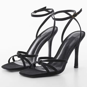 Sandalias de tacón alto para mujer con cordones, punta cuadrada abierta, tacón de aguja y correa de tobillo con hebilla, ideales para bodas - Product Image 1