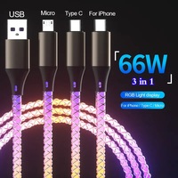 3 en 1 6A 66W RGB Super Fast Charging Cable Type-C Micro USB Charger Cable Flow Cool Colorful Glow Data Line For Phone Android