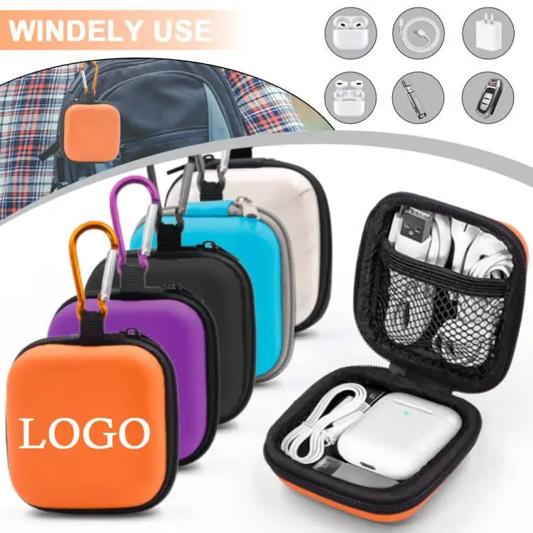 Custom Portable EVA Carrying Case Storage Bag EVA Square Earphone Earbud Case with Carabiner For Earpieces and SD Memory Card