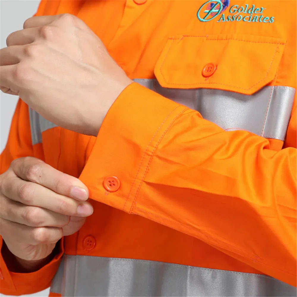 Kemeja Hi Vis Pria, Lengan Panjang Kancing Penuh Fluoresensi Oranye Bordir Cetak Logo Reflektif Kerja