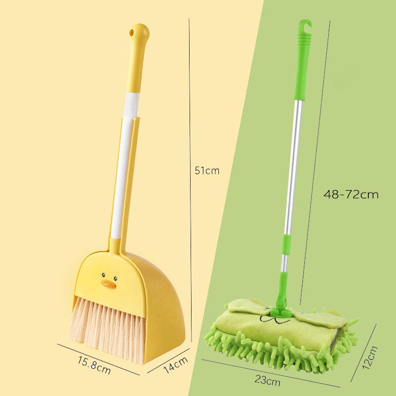 Yellow broom dustpan and green mop