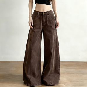 Pantalones Vaqueros Anchos de Cintura Baja para Mujer, Estilo Vintage, Color Marrón, Corte Holgado, Casual, Venta al Por Mayor - Product Image 1