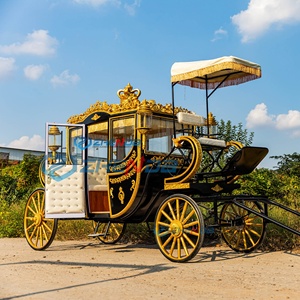 Magnifique calèche royale noire dorée à chevaux avec sculpture de couronne et auvent à franges, calèche vintage à quatre roues - Product Image 1