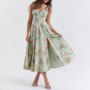 Light Bustier Sundress Casual Dresses Print Jade With Puff Sleeves And Thigh Slit Women Summer Natural OEM Service Woven Adults