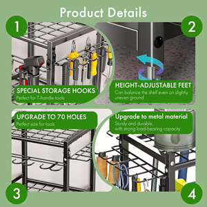 3 Tier Home Garage Warehouse Metal Garden Tools Vertical Organizer Storage Trellis Stand Hanging Bracket Rack <b>Shelves</b> With <b>Hooks</b> - Product Image 3