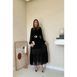 Vestido de Noche Negro de Gasa con Corte en A, Cuello Drapeado, Volantes, Cintura Natural y Manga Larga Translúcida - Product Image 3