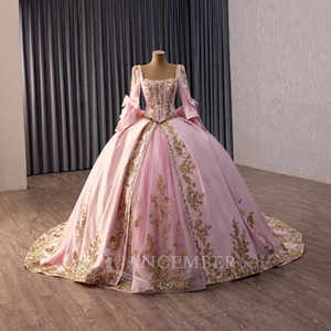 251157 Robe de bal de Quinceañera rose princesse, longueur ras du sol, avec nœud surdimensionné, perles, dentelle, taille naturelle et traîne chapelle - Product Image 3