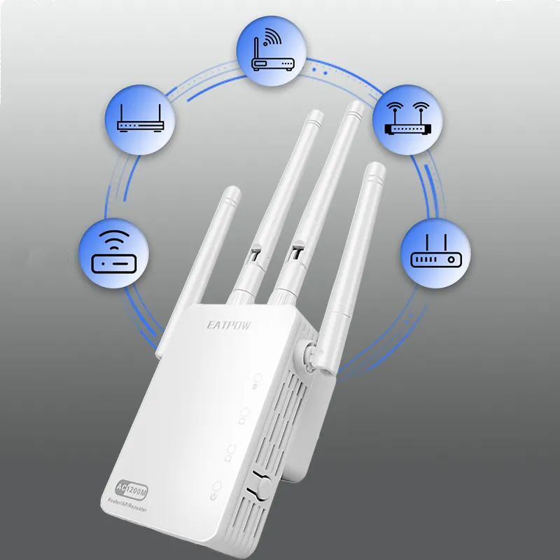 Penguat penguat sinyal WiFi, Repeater Wifi Dual band 1200Mbps 4 antena Wifi Repeater 1200Mbps 4g penguat jangkauan nirkabel