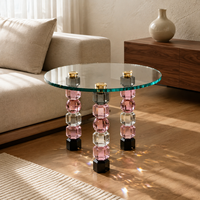 Table d'appoint en cristal K9 prismatique multicouleur empilable, plateau rond en verre, meuble en cristal sculptural pour la décoration de maison de luxe