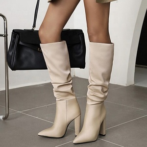 Bottes hautes pour femme à bout pointu, talon épais, design plissé, dessus lisse, grande taille 43, chaudes, à enfiler, pour soirée et maison - Product Image 2