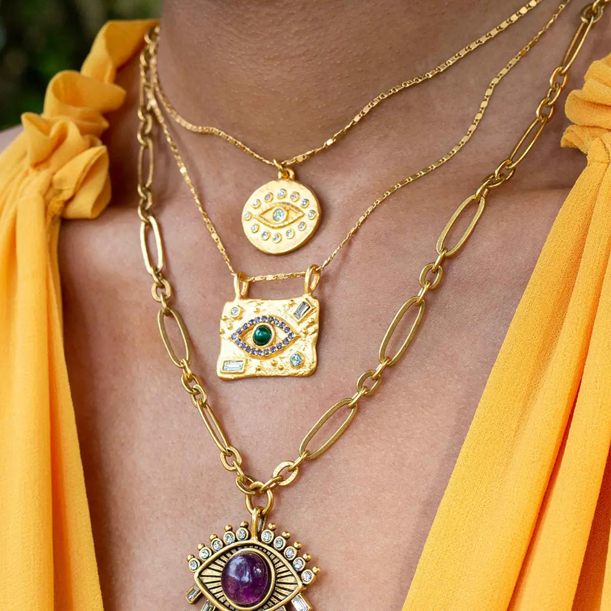 Luxury 18K Gold Big Amulet Eye Pendant Necklaces Stainless Steel Women Jewelry