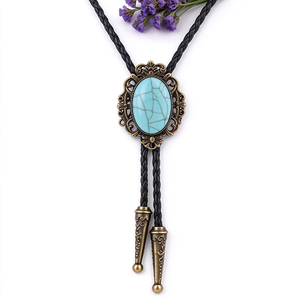 Collar Bolo Tie Vintage de Metal Bronce Antiguo con Piedra Azul y Cordón de Cuero Trenzado, Clásico para Uso Diario - Product Image 4