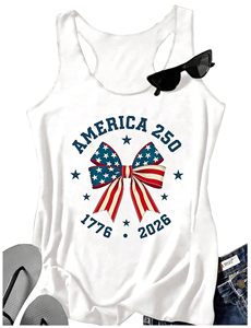 America 250th Independence Day Women's Cotton Tank <b>Top</b> with Patriotic Bow Print Casual Scoop Neck Sleeveless <b>Top</b> - Product Image 1